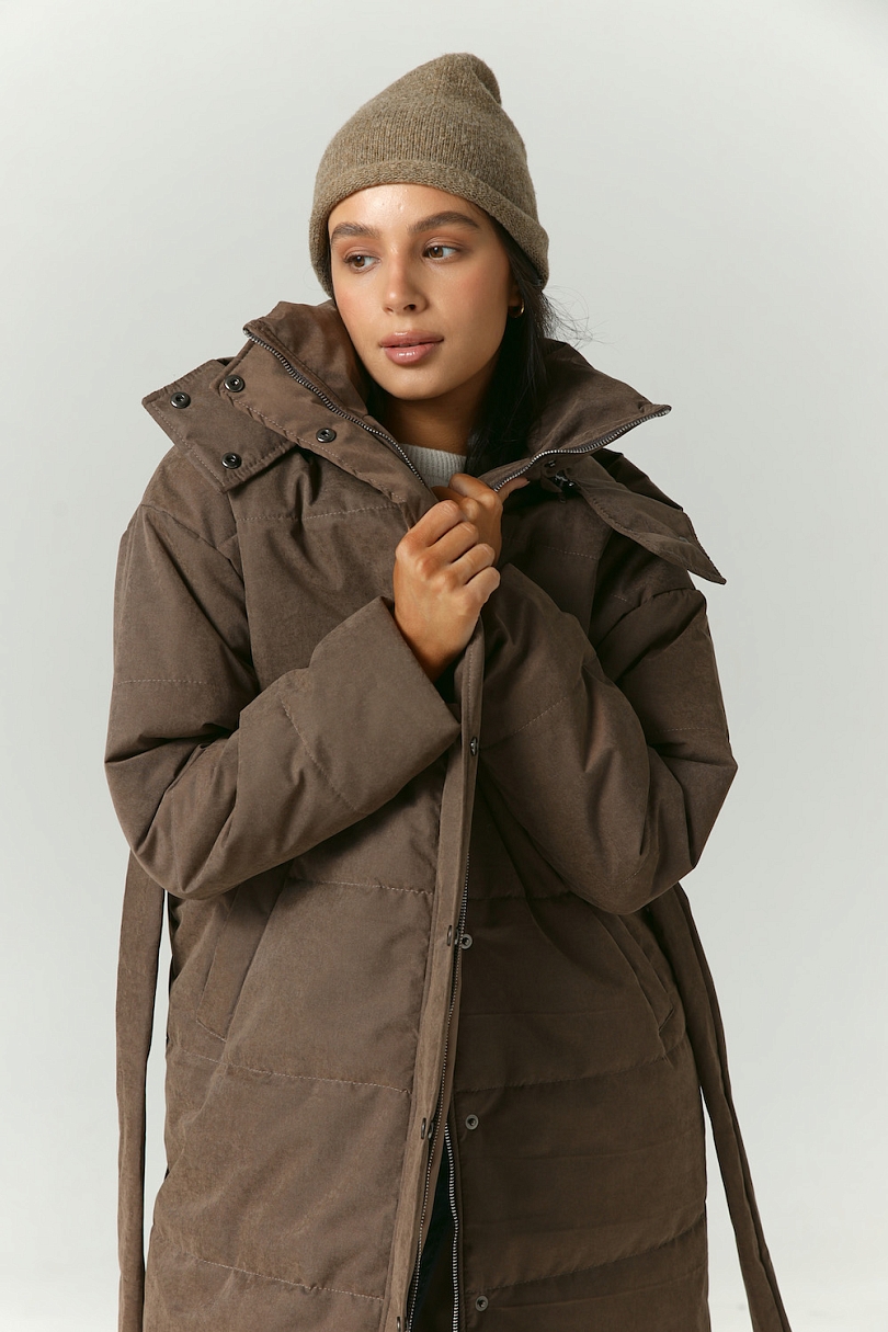 Пуховик удлиненный из мембраны с велюровым эффектом