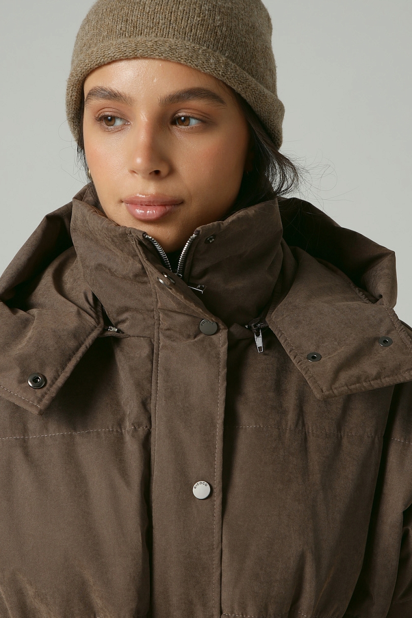 Пуховик удлиненный из мембраны с велюровым эффектом