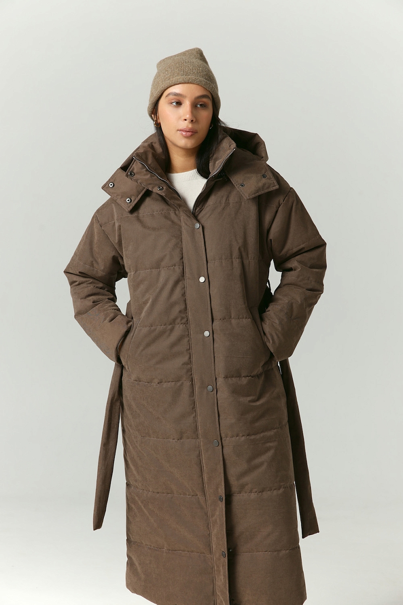 Пуховик удлиненный из мембраны с велюровым эффектом