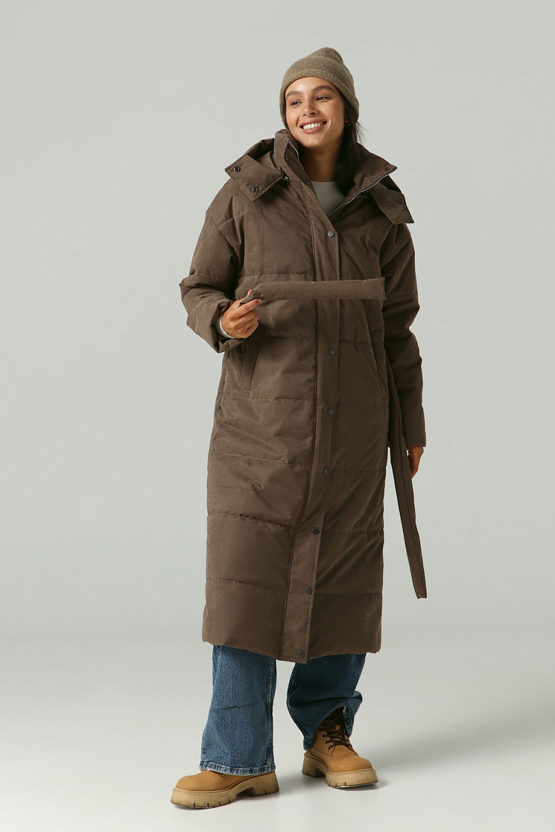 Пуховик удлиненный из мембраны с велюровым эффектом